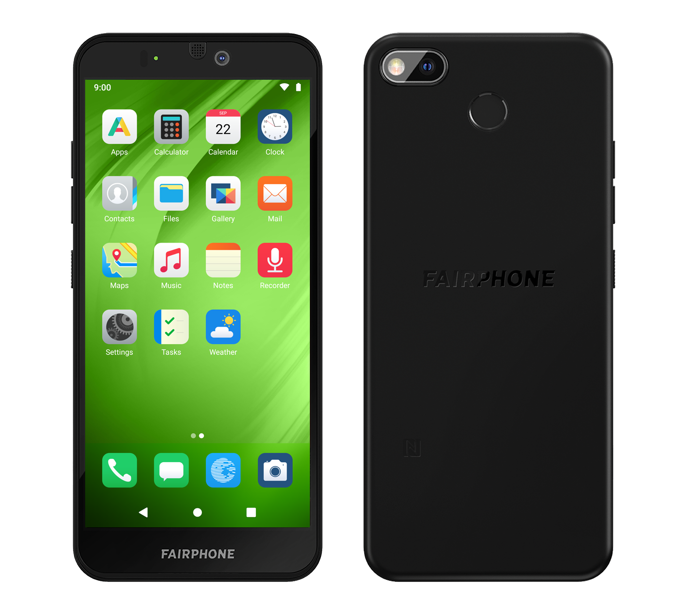 Fairphone 3+ front & back with eOS home screen