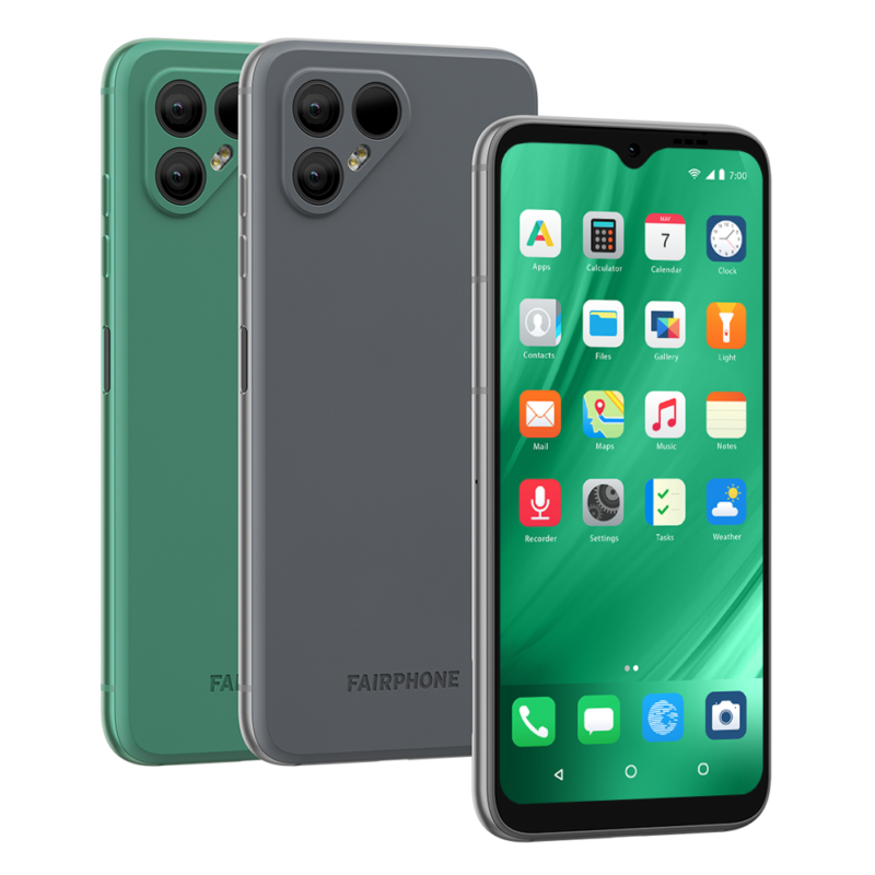 Murena Fairphone 4 front screen and angled back green and grey